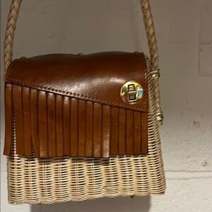 Vintage Brown Leather and coated Wicker Women's shoulder Bag Hong Kong